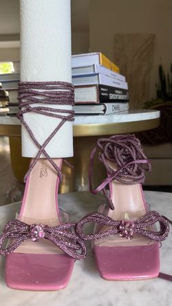 Pink Rhinestone Bow Lace-Up Heeled Sandals
