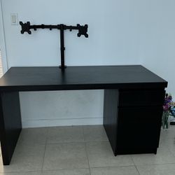 IKEA MALM Black Wood Desk With Cabinets And Two Monitor Stand Attachment 55 1/8x25 5/8