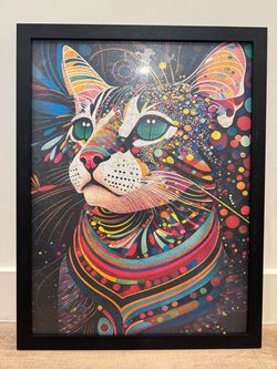 20 x 26” Framed Colorful Cat Jigsaw Puzzle Brand New Black Frame & Comes With Puzzle Box!