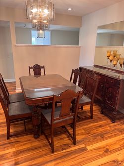 Antique english tudor dining table set with buffet