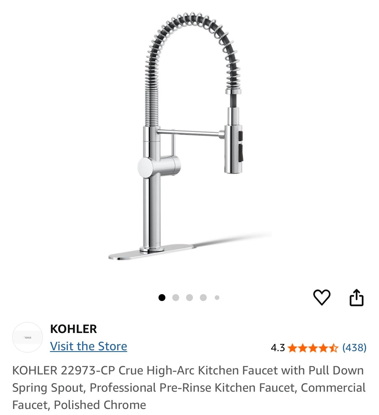 KOHLER 22973-CP Crue High-Arc Kitchen Faucet with Pull Down Spring Spout, Professional Pre-Rinse Kitchen Faucet, Commercial Faucet, Polished Chrome