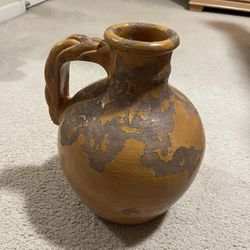 Antique Mid Century Modern Terracotta Pottery Pitcher Vase With Braided Handle