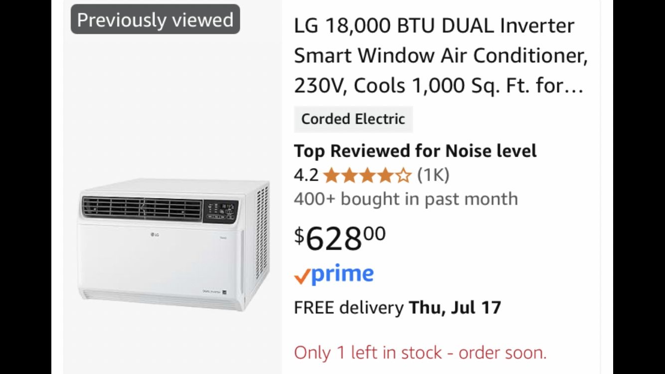 LG XL Room Window/Wall AC Unit 18000 BTU 230/208 V LW1822ERSM NEW!