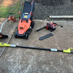 Electric corded, lawnmower, string trimmer, chainsaw pole saw used 100
