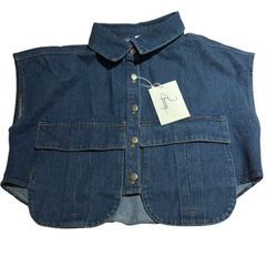 Women's Blue Sleeveless Collared Vest with Button Closure and Pockets