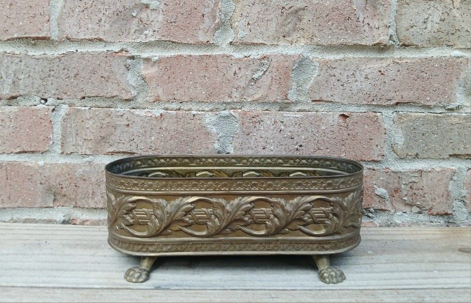 Vintage Brass Embossed Leaves Footed Planter