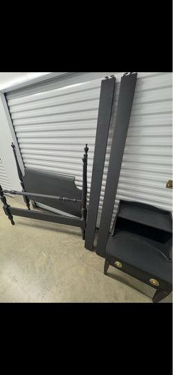 Full size bed frame with night stand and new mattress.