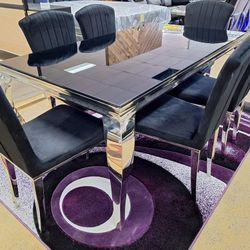 Carone Rectangular Glass Top Dining Table Black And Chrome and 6 Chairs 