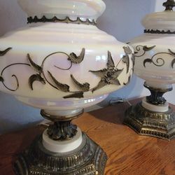 Rare Antique Carl Faulkenstein Opalescent and Brass Lamps 
