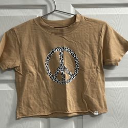T&B Women’s Tan Peace Sign Crop Top - Size Medium - VGUC