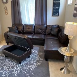 New Espresso Brown Leather Sectional Sofa Couch With Free Ottoman And Pillows 