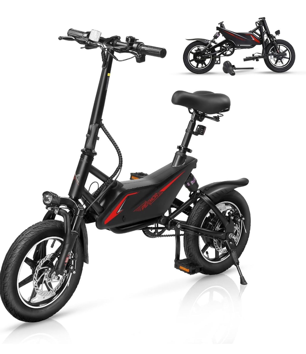 PEXMOR Electric Bike for Adults, 350W Motor (Peak 500W) Folding Ebike | Full Suspension | 36V 6AH Battery, 14" Foldable Commuter City Electric Bicycle