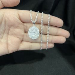 925 Sterling Silver Women CZ Oval Virgen Virgin Guadalupe & Forz Chain