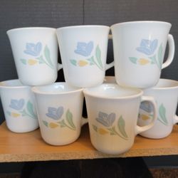 Set Of 8 Vintage  Corelle Cups Mugs White & Blue Flower ( Friendship Pattern)