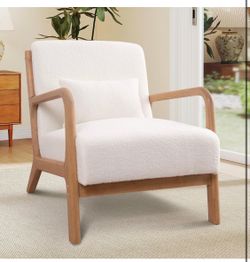 ANJ Mid Century Modern Accent Chair, Single Fabric Lounge Reading Armchair with Solid Wood Frame, Easy Assembly Arm Chairs for Living Room, White