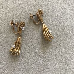 Vtg 14 kt yellow gold french screw back drop w/ 4 0.06ct diamond Earrings 10.2g   Pair of 14 kt yellow gold french screw back drop with each earring h