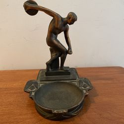 Antique 1920s Pompeian Bronze Co. "Discobolus" Ashtray Dish 9" Signed PB CO INC