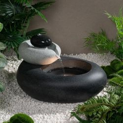 13.39" H Outdoor Water Fountain Made with Eco-Friendly Recyclable Materials, Polyethylene Rock Waterfall Outdoor Fountain, Garden Decor with LED Light