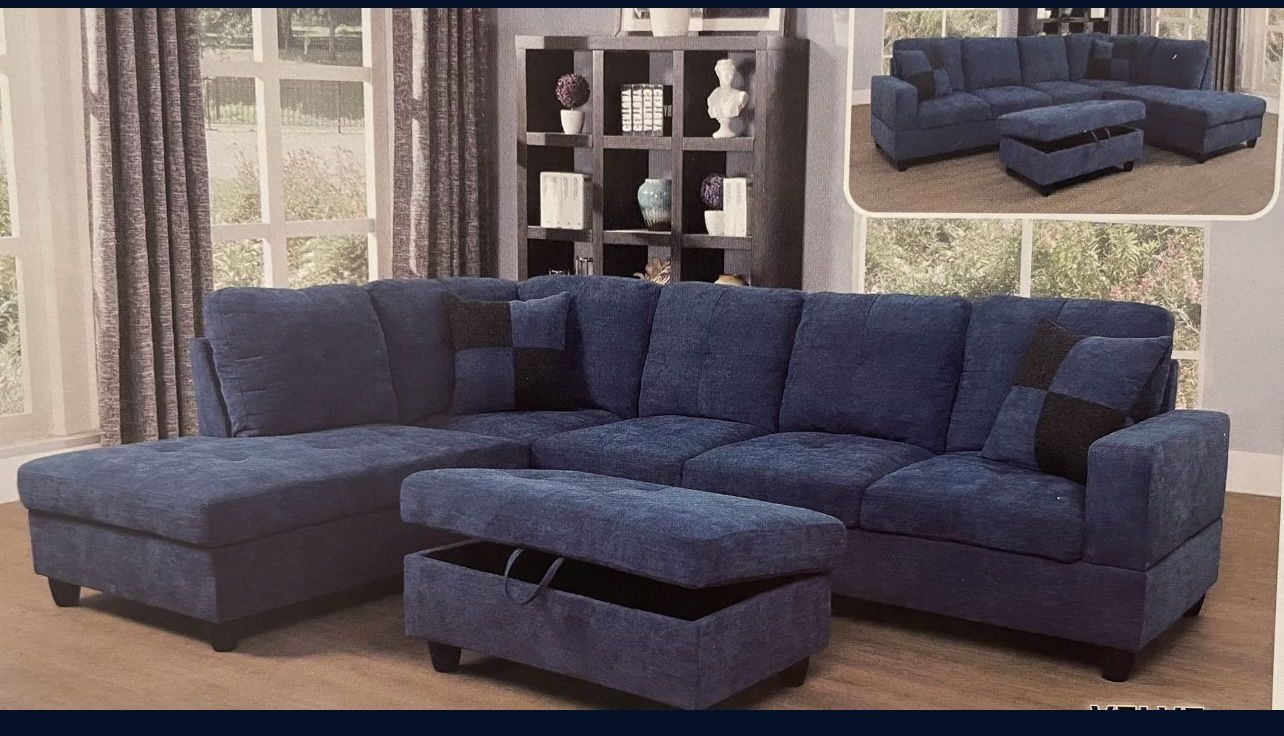 Blue Microfiber Sectional Couch And Ottoman