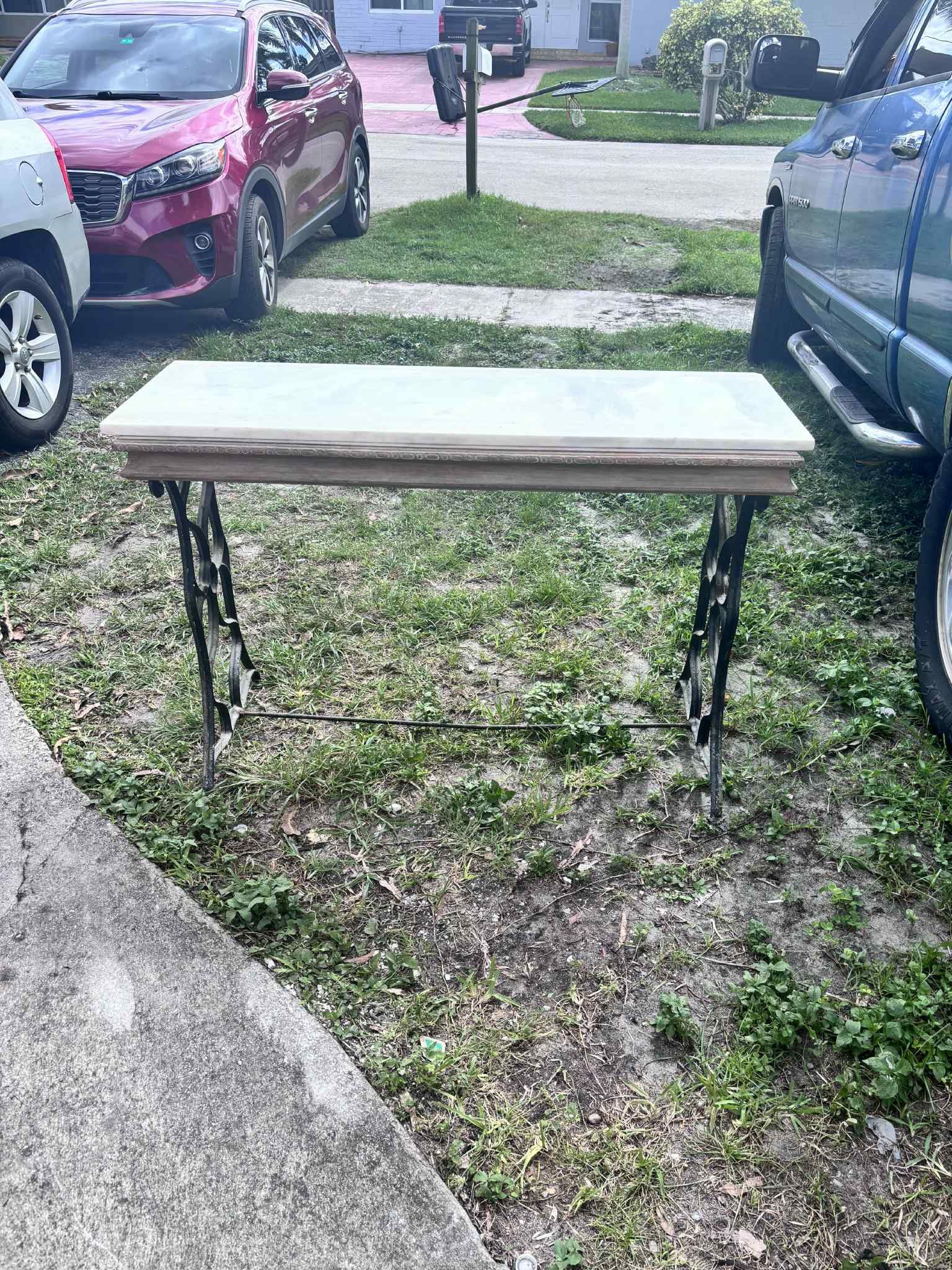 Antique Wrought-Iron Table With Marble Top46”Lx19”Wx31”H