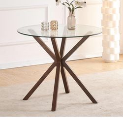 Stylish Glass Round Dining Table With Two Velvet Chairs 