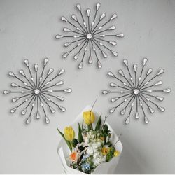 ZEXUIRU 3 Set Black Metal Jeweled Wall Art Bling Crystal Home Décor Rhinestone Sun Star Wall Hanging Diamond Accents 18” diameter