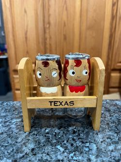 Souvenir Texas Wood Combo Salt & Pepper Shakers & Corkscrew and Bottle Opener.  Size of wood crate 4 inches tall and 4 1/4 inches long and 2 1/4 inche