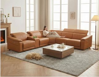 CHINO --Modular Sectional Sofa with Dual Power Recliner, Breathing Leather Reclining Couch for Living Room, Modern Reclining Sectional Sofa with Cup H
