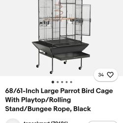 68/61-Inch Large Parrot Bird Cage With Playtop/Rolling Stand/Bungee Rope, Black