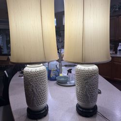 Vintage Pair of Chinoiserie White Table Lamps