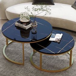 MODERN ROUND NESTING TABLES - BLACK MARBLE & GOLD FRAME