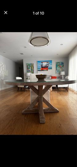 Dining Table - Solid wood, white washed 60" round trestle table