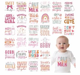 Baby Shower Iron on Transfers - 32Pcs Pink DTF Transfers Ready to Press, Cute Iron on Decals Patches for Baby Girls Bodysuit, Heat Appliques Vinyl Sti