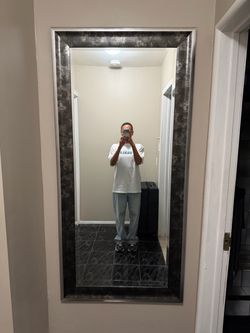 Large Full-Length Wall Mirror, Beveled Glass, Pewter Frame