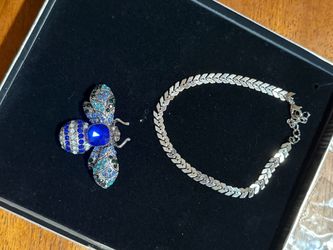 Crystal Bee Brooch and Silver Chevron Bracelet Set