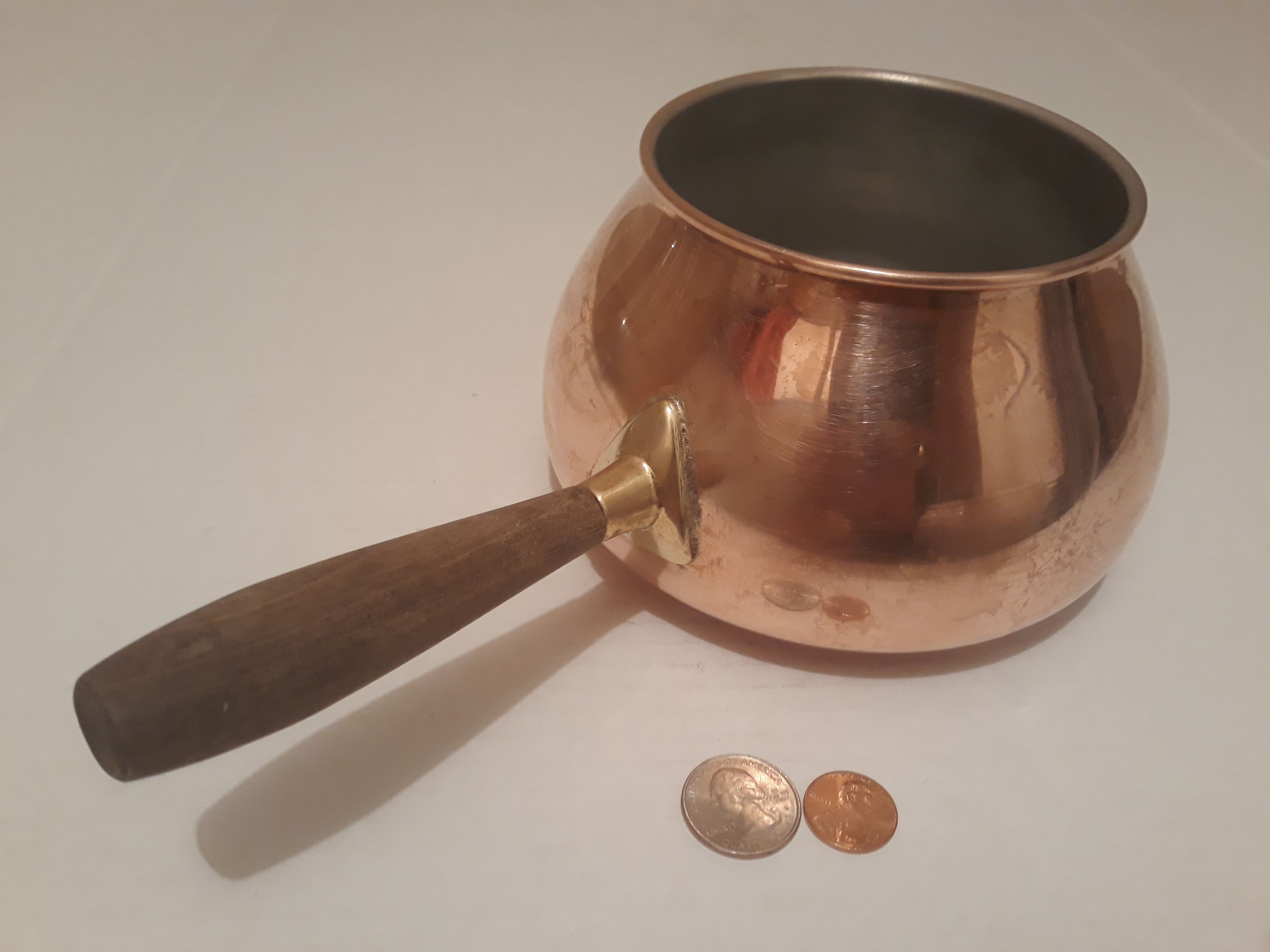 Vintage Metal Copper, Brass and Wood Pot, 10" Long and 6" x 3 1/2" Pot Size, Made in Portugal, Kitchen Decor, Shelf Display