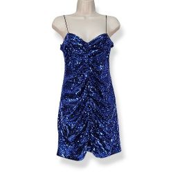 Zara Ink Blue Spaghetti Strap Sequin Draped Disco Mini Dress  9420/701 Size L