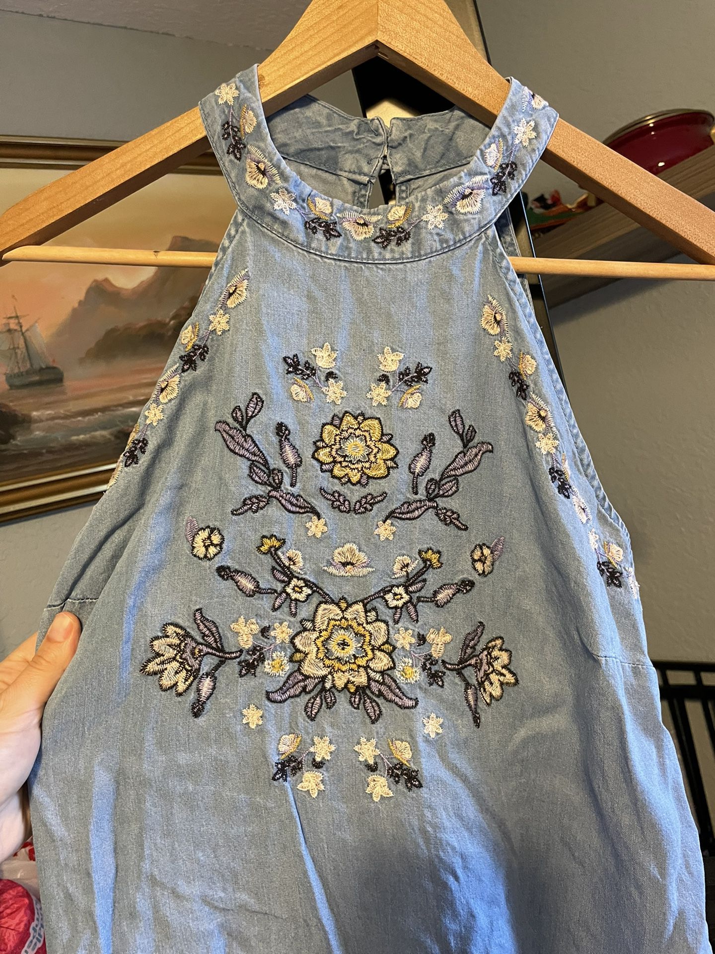 Blue Rain Denim Embroidered Halter Dress Size XS