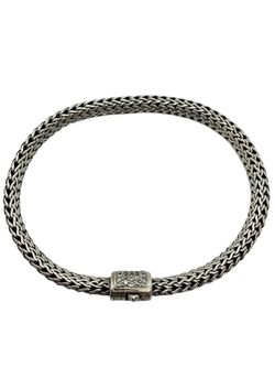 John Hardy Sterling Silver Icon Bracelet 7.625" x 6.5 mm Pave Diamond Clasp