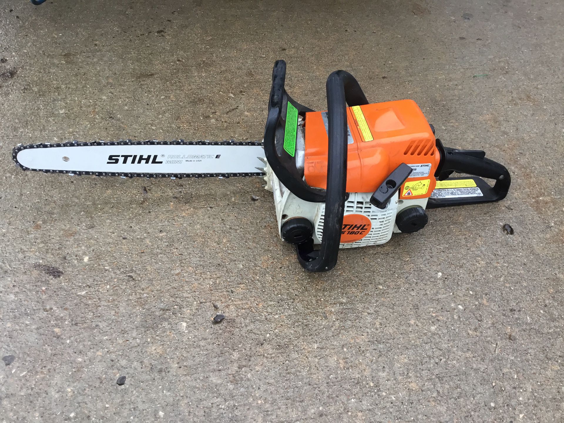 Stihl MS 180c w/new rollomatic bar. No tools needed to change or tighten. New 16” bar and chain!!!