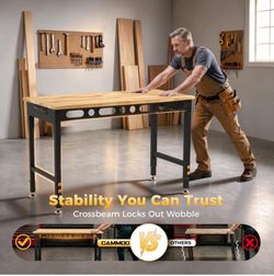 Workbench ajustable with 2000 LBS Load Capacity & Power Strip ETL 4 Outlets 2 USB Ports, Level Height 28"-39", Carbon Steel Frame, Solid Rubber Wood T