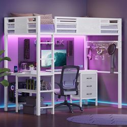 Loft Bed full Size with L-Shaped Desk, 3 Storage Drawers, 2-Tier Storage Shelves, Power OUtlets, LED Metal Twin Size Bed Frame, Safety Guar