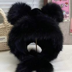 Black 1pc Bear Plush Ear Flap Hat, Thick Warm Winter Headwear For Women, Cute Simple Solid Color Knit Cap, Suitable For Outdoor Wear
