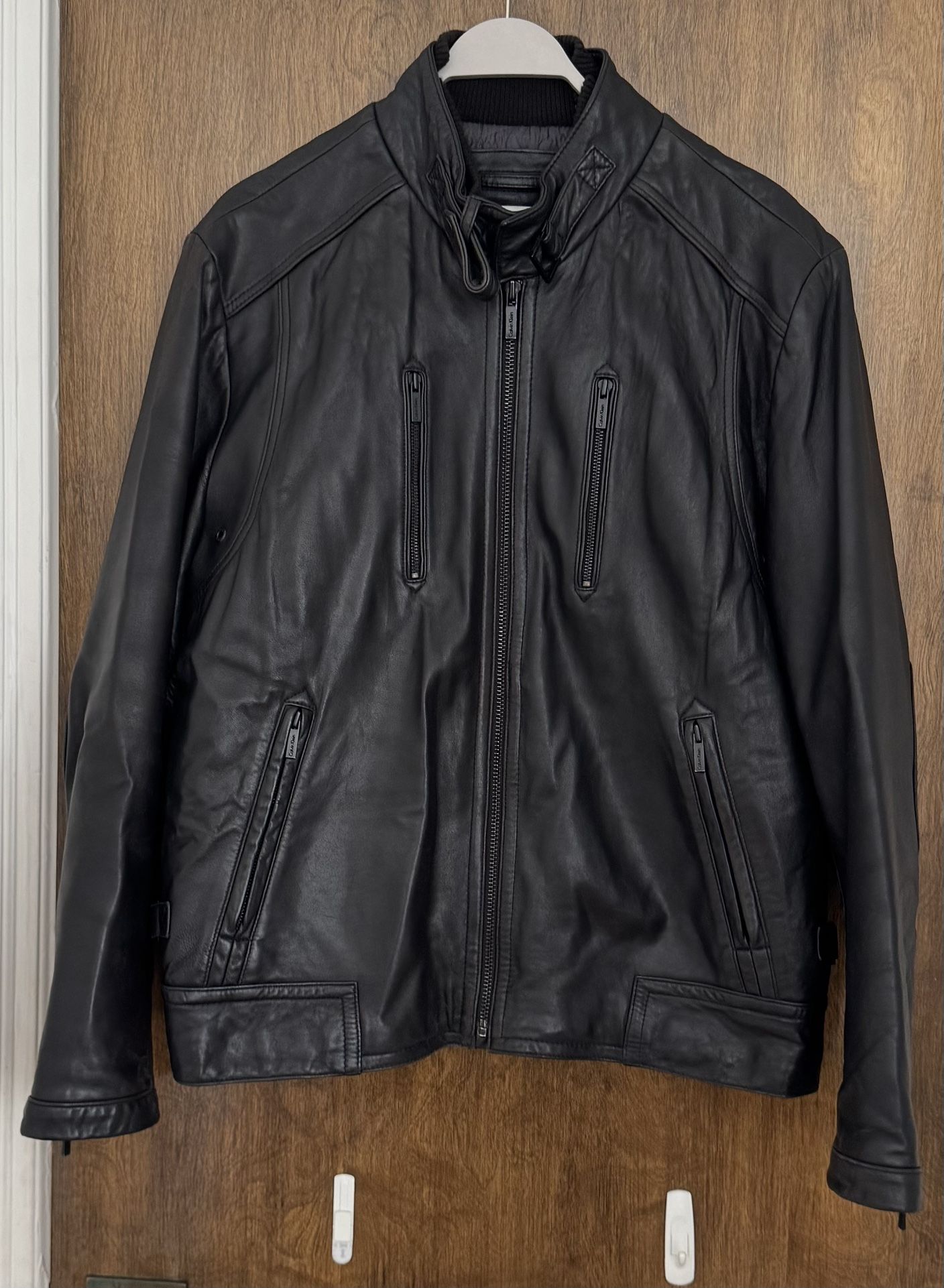 Calvin Klein Men’s 100% Genuine Leather Black Lined Full Zip Jacket, size L