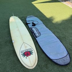 Surfboard- Longboard 9’6” With Fins, Leash And Bag