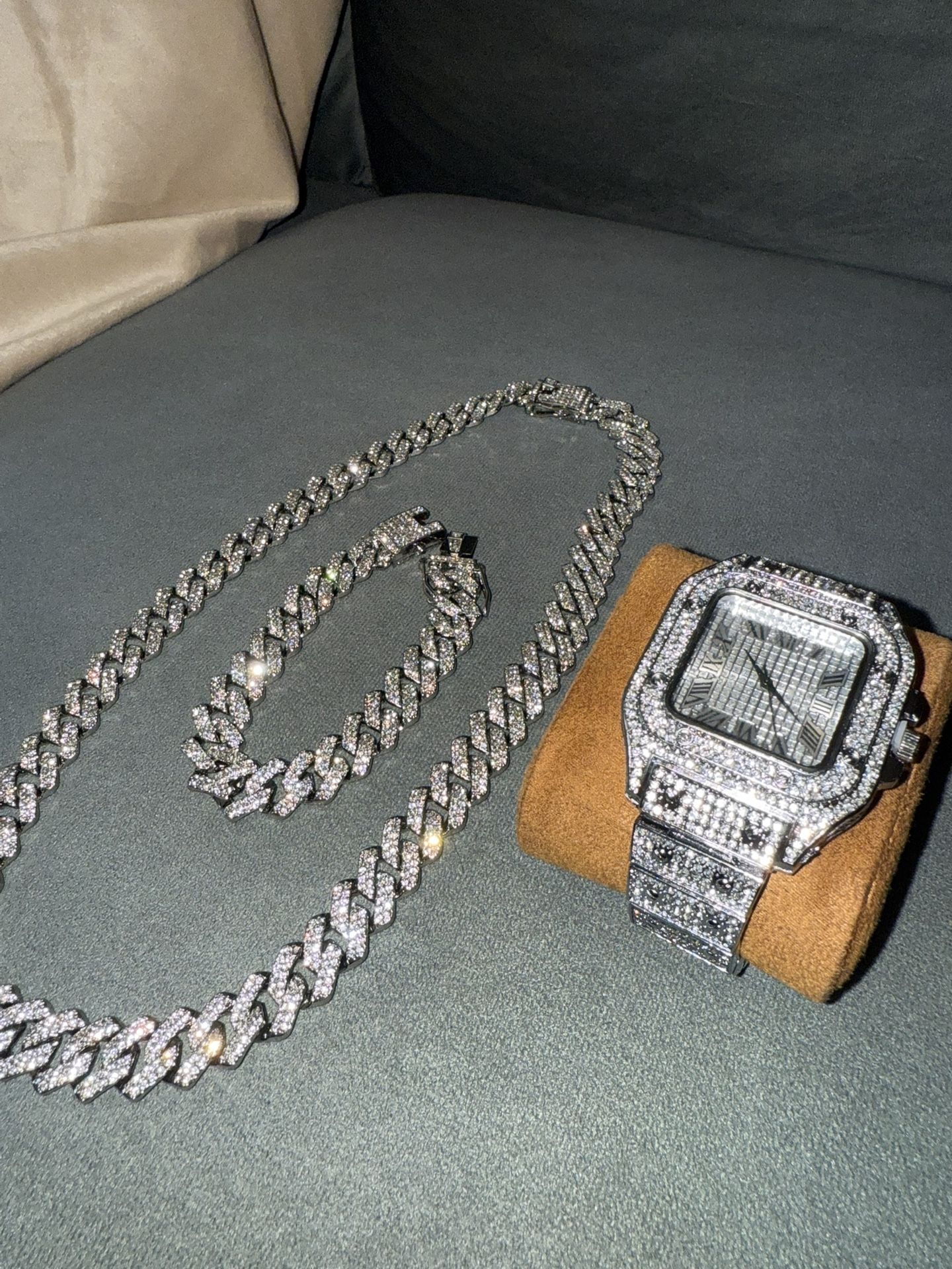 Iced Out White Gold Cuban Link Chain, Bracelet, & Watch Bundle