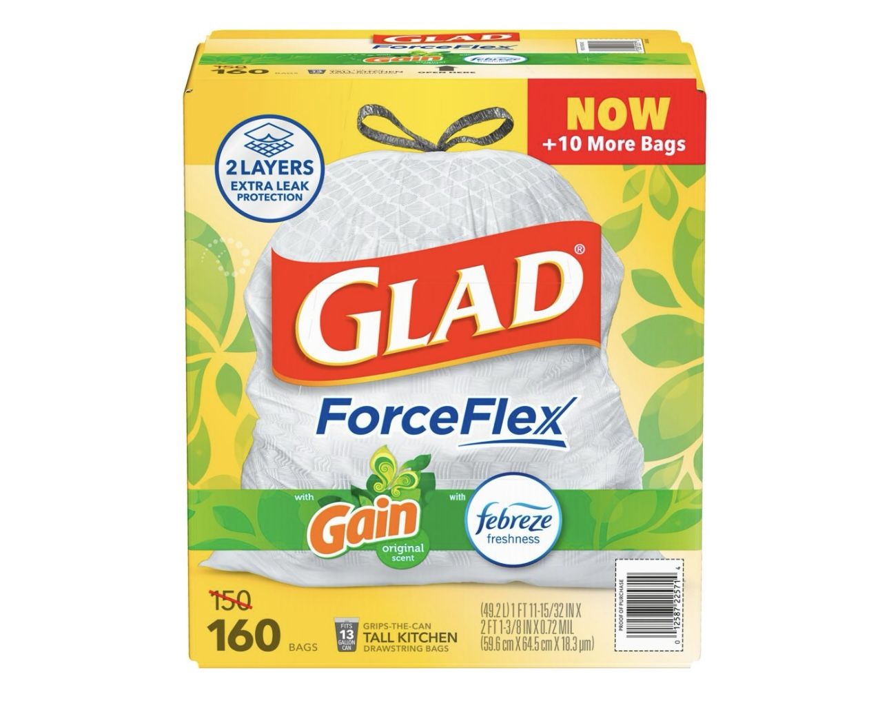 Glad ForceFlex 13-Gallon Kitchen Trash Bags, Gain Original Scent + Febreze, 160 ct.