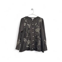 Vintage DressBarn Gray Floral Embroidered Cardigan Sweater