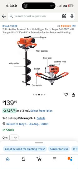 2-Stroke Gas Powered Post Hole Digger Earth Auger Drill 62CC with 3 Auger Bits(3"5"and 8") + Extensi