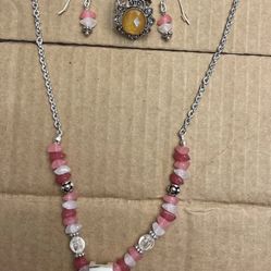  Silver tone, pink, white and clear beaded necklace, ring and earring set.